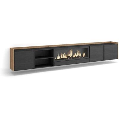 MBTIC Mueble Tv Viñuela-01 De 315x50x35 Cm Con Chimenea Eléctrica Xxl, Suspendido, Color Negro Y Roble MBTIC Mueble Tv Viñuela-01 De 315x50x35 Cm Con Chimenea Eléctrica Xxl, Suspendido, Color Negro Y Roble