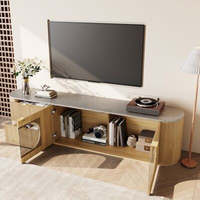 COVREO Mueble Tv 172x38x45.5 Cm Natural En Mdf Y Vidrio Con Vitrina Ovalada Y Frentes 3d COVREO Mueble Tv 172x38x45.5 Cm Natural En Mdf Y Vidrio Con Vitrina Ovalada Y Frentes 3d