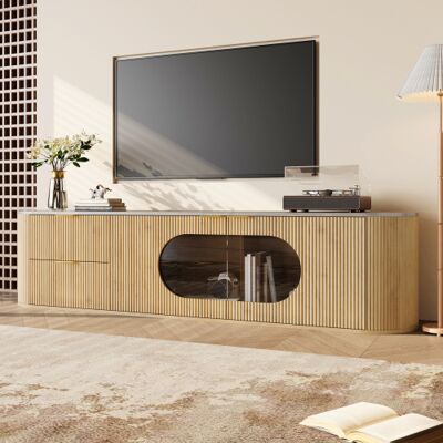 WISHDOR Mueble Para Tv Natural 172x38x45,5 Cm Con Puertas 3d, Vitrina Oval De Vidrio Gris Y Almacenaje Compartimentado WISHDOR Mueble Para Tv Natural 172x38x45,5 Cm Con Puertas 3d, Vitrina Oval De Vidrio Gris Y Almacenaje Compartimentado