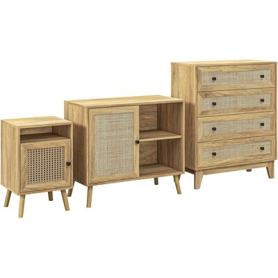 Homcom - Conjunto Para El Hogar Incluye 1 Cómoda Con 4 Cajones 1 Aparador De Cocina Y 2 Mesitas De Noche Con Puerta De Ratán Sintético Estilo Cannage Natural Homcom - Conjunto Para El Hogar Incluye 1 Cómoda Con 4 Cajones 1 Aparador De Cocina Y 2 Mesitas De Noche Con Puerta De Ratán Sintético Estilo Cannage Natural
