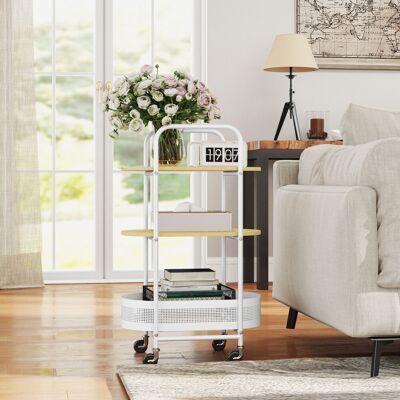 LIIYIELA Carrito Auxiliar Con Ruedas De 3 Niveles Carro De Almacenamiento Con Cesta Y Estantes 49,5x32,5x82,5 Cm Blanco Y Madera Natural LIIYIELA Carrito Auxiliar Con Ruedas De 3 Niveles Carro De Almacenamiento Con Cesta Y Estantes 49,5x32,5x82,5 Cm Blanco Y Madera Natural