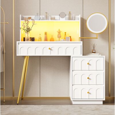 BEAOK Tocador De Mdf Blanco Con Espejo Led Giratorio, 4 Cajones Y Puertas Correderas De Cristal BEAOK Tocador De Mdf Blanco Con Espejo Led Giratorio, 4 Cajones Y Puertas Correderas De Cristal