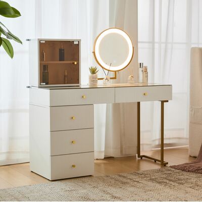 BEAOK Tocador De Vidrio Y Tablero Aglomerado Con Espejo Led, Blanco Y Dorado, Con Almacenaje Lateral BEAOK Tocador De Vidrio Y Tablero Aglomerado Con Espejo Led, Blanco Y Dorado, Con Almacenaje Lateral