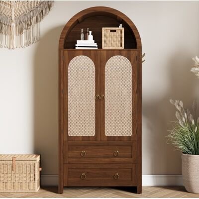 BEAOK Aparador De Mdf Color Nogal Con Puertas De Ratán, 2 Cajones, Baldas Regulables, 80 X 40 X 180 Cm BEAOK Aparador De Mdf Color Nogal Con Puertas De Ratán, 2 Cajones, Baldas Regulables, 80 X 40 X 180 Cm