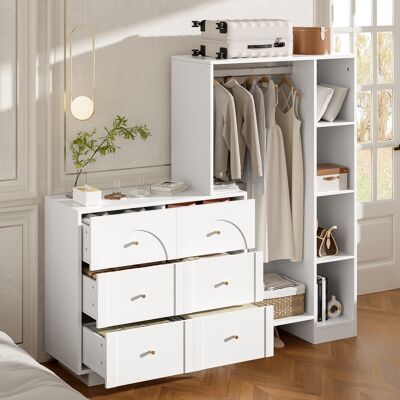 Armario Abierto Con 6 Cajones, Barra Y Estantes Laterales, Blanco 139 X 35 X 133 Cm Okmyhome Armario Abierto Con 6 Cajones, Barra Y Estantes Laterales, Blanco 139 X 35 X 133 Cm Okmyhome