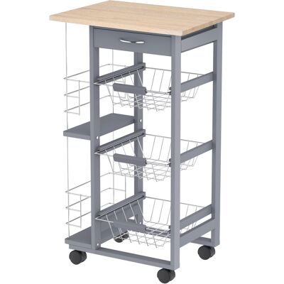 Homcom Carrito Auxiliar Con Ruedas, Carrito De Cocina Con 3 Cestas Metálicas, Cajón, 2 Especieros, Estructura De Madera De Pino, 47x37x83 Cm, Gris Homcom Carrito Auxiliar Con Ruedas, Carrito De Cocina Con 3 Cestas Metálicas, Cajón, 2 Especieros, Estructura De Madera De Pino, 47x37x83 Cm, Gris