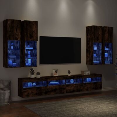 Muebles De Tv De Pared Con Luces Led 7 Piezas Roble Ahumado Vidaxl Muebles De Tv De Pared Con Luces Led 7 Piezas Roble Ahumado Vidaxl