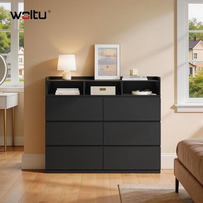 Woltu Cómoda De 6 Cajones, Mueble De Almacenamiento Para Dormitorios, Salas De Estar Y Recibidores, Con 3 Compartimentos Abiertos Y 1 Estante Elevado, Negro Woltu Cómoda De 6 Cajones, Mueble De Almacenamiento Para Dormitorios, Salas De Estar Y Recibidores, Con 3 Compartimentos Abiertos Y 1 Estante Elevado, Negro