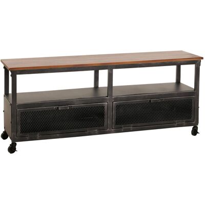 Hhg - Tablero Bajo 079, Soporte Tv, Ruedas 2 Compartimentos, Estructura 3d Metal Retro Industrial Madera 55x130x36cm, Negro, Marrón Hhg - Tablero Bajo 079, Soporte Tv, Ruedas 2 Compartimentos, Estructura 3d Metal Retro Industrial Madera 55x130x36cm, Negro, Marrón