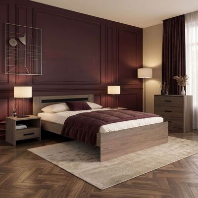 MIROYTENGO Pack Dormitorio Cama Con Cabecero + 2 Mesitas De Noche + Cómoda 3 Cajones Oshira Roble Tostado Y Negro Stipple MIROYTENGO Pack Dormitorio Cama Con Cabecero + 2 Mesitas De Noche + Cómoda 3 Cajones Oshira Roble Tostado Y Negro Stipple