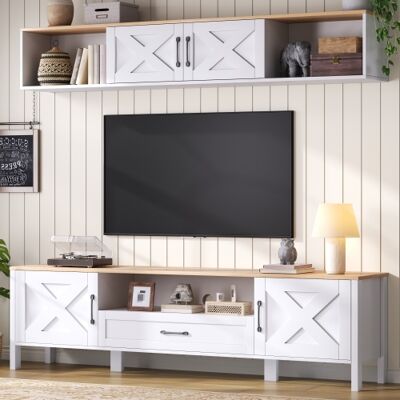 WISHDOR Conjunto De Mueble Para Tv Blanco 180x40x50 Cm Y Vitrina Mural 180x30x30 Cm, 4 Puertas Y 1 Cajón WISHDOR Conjunto De Mueble Para Tv Blanco 180x40x50 Cm Y Vitrina Mural 180x30x30 Cm, 4 Puertas Y 1 Cajón