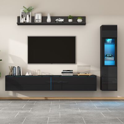 COVREO Conjunto Mural Tv 180x33x30 Cm Negro En Aglomerado Brillante Con Led, Vitrina Y Estante De 3 Piezas COVREO Conjunto Mural Tv 180x33x30 Cm Negro En Aglomerado Brillante Con Led, Vitrina Y Estante De 3 Piezas