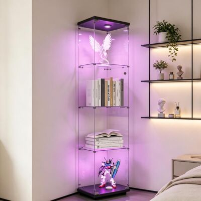 OCEVIA Vitrina De Cristal Con 4 Estantes Y Puertas, Mueble De Almacenamiento Independiente, Diseño Moderno, Madera Y Cristal Templado, Negro, Ideal Para El Salón O El Dormitorio. OCEVIA Vitrina De Cristal Con 4 Estantes Y Puertas, Mueble De Almacenamiento Independiente, Diseño Moderno, Madera Y Cristal Templado, Negro, Ideal Para El Salón O El Dormitorio.