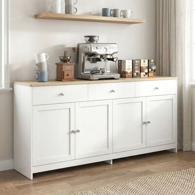 OEM Aparador - Nexu - Estilo Rústico - Blanco Y Efecto Madera - 4 Puertas, 3 Cajones - 160x37x75 Cm OEM Aparador - Nexu - Estilo Rústico - Blanco Y Efecto Madera - 4 Puertas, 3 Cajones - 160x37x75 Cm