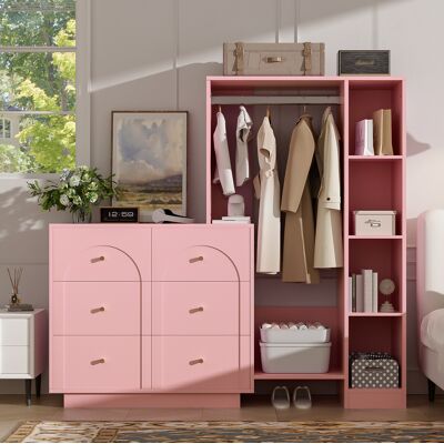 Armario Abierto Multifuncional 139 X 35 X 133 Cm Con 6 Cajones Y Estantes Laterales Rosa Havrya Armario Abierto Multifuncional 139 X 35 X 133 Cm Con 6 Cajones Y Estantes Laterales Rosa Havrya