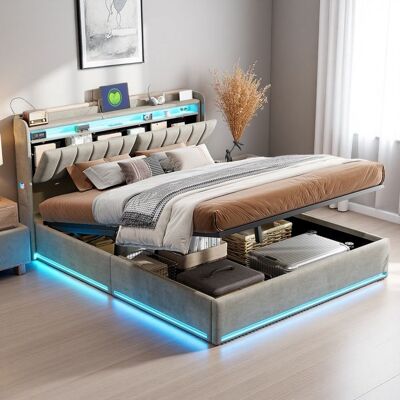 OEM Cama Adulta 140x200 - Techno Luxe - Almacenamiento Hidráulico Multi-niveles - Led Rgb Y Puertos De Carga - Terciopelo Gris OEM Cama Adulta 140x200 - Techno Luxe - Almacenamiento Hidráulico Multi-niveles - Led Rgb Y Puertos De Carga - Terciopelo Gris