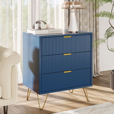 SOLKVUNZA Mesita De Noche 60x40x70 Cm Con 3 Cajones Acanalados Y Patas Doradas - Cómoda Moderna Para Dormitorio O Salón - Mdf, Azul Oscuro SOLKVUNZA Mesita De Noche 60x40x70 Cm Con 3 Cajones Acanalados Y Patas Doradas - Cómoda Moderna Para Dormitorio O Salón - Mdf, Azul Oscuro