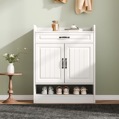 COVREO Zapatero 75x36x95.5 Cm Blanco En Tablero De Partículas Con 2 Puertas, Cajón, Estantes Ajustables Y Repisa Superior COVREO Zapatero 75x36x95.5 Cm Blanco En Tablero De Partículas Con 2 Puertas, Cajón, Estantes Ajustables Y Repisa Superior