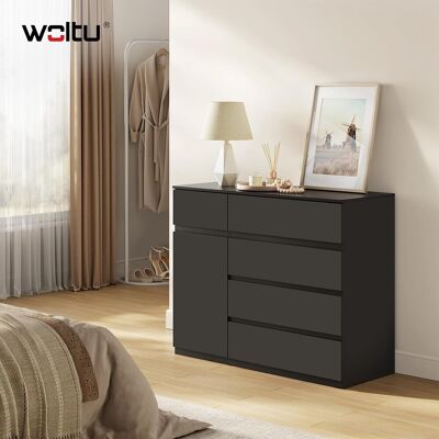 Woltu - Cómoda Para Dormitorio De 5 Cajones Y 1 Puerta Con Estante Ajustable - Estilo Escandinavo - Almacenamiento, Negro Woltu - Cómoda Para Dormitorio De 5 Cajones Y 1 Puerta Con Estante Ajustable - Estilo Escandinavo - Almacenamiento, Negro