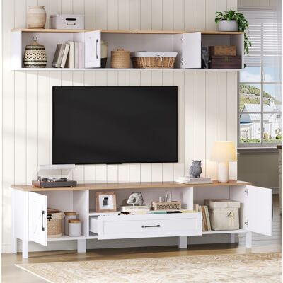 Redom - Mueble Tv 180x40x50 Cm, Con Vitrina Colgante, 4 Armarios Y 1 Cajón, Mdf Blanco Redom - Mueble Tv 180x40x50 Cm, Con Vitrina Colgante, 4 Armarios Y 1 Cajón, Mdf Blanco