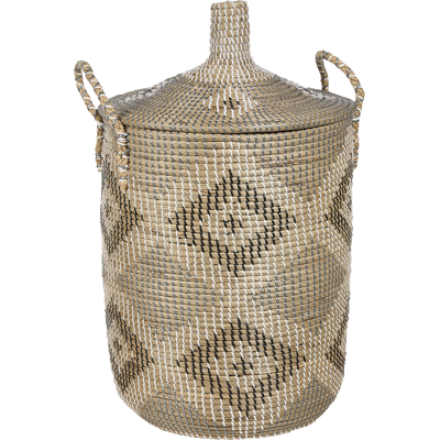 Beliani - Cesta Boho Tejida A Mano Almacenaje Con Asas Tapa Hierba Marina Accesorio Natural Decoración Patrón Decorativo Camranh Beliani - Cesta Boho Tejida A Mano Almacenaje Con Asas Tapa Hierba Marina Accesorio Natural Decoración Patrón Decorativo Camranh