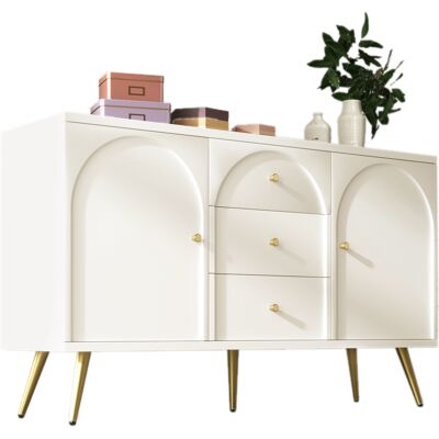 STILVORA Cómoda Con 2 Puertas Y 3 Cajones, Estante Ajustable, Estilo Clásico, En Madera Y Metal, 140×40×84 Cm, Blanco Crema STILVORA Cómoda Con 2 Puertas Y 3 Cajones, Estante Ajustable, Estilo Clásico, En Madera Y Metal, 140×40×84 Cm, Blanco Crema