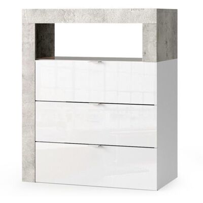 Meublorama - Cómoda Para Baño Bura – 3 Cajones – L64 Cm – Blanco Brillante Lacado Y Gris Efecto Concreto Meublorama - Cómoda Para Baño Bura – 3 Cajones – L64 Cm – Blanco Brillante Lacado Y Gris Efecto Concreto