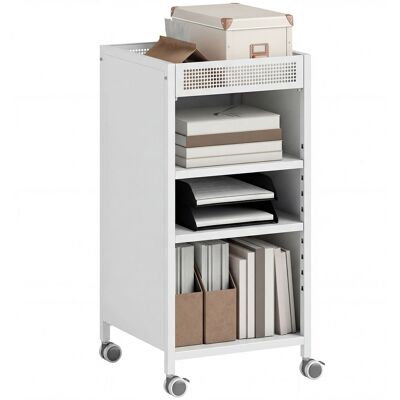 JHY DESIGN Librería Móvil Con Estantes Ajustables, Carrito Rodante De 3 Niveles Con Cesta Superior, Color Blanco. JHY DESIGN Librería Móvil Con Estantes Ajustables, Carrito Rodante De 3 Niveles Con Cesta Superior, Color Blanco.