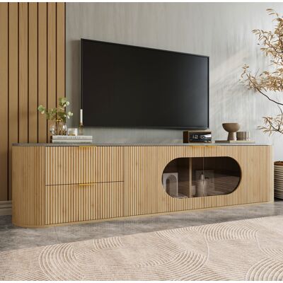 Redom - Mueble Tv 172x38x45.5 Cm, Frentes 3d Verticales, Vitrina Ovalada De Vidrio Gris, Mdf Y Vidrio, Natural Redom - Mueble Tv 172x38x45.5 Cm, Frentes 3d Verticales, Vitrina Ovalada De Vidrio Gris, Mdf Y Vidrio, Natural