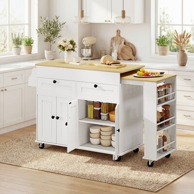PZCC Isla De Cocina Con Encimera Extensible, Carrito De Cocina Con Ruedas, 2 Cajones, 4 Puertas, Blanco. PZCC Isla De Cocina Con Encimera Extensible, Carrito De Cocina Con Ruedas, 2 Cajones, 4 Puertas, Blanco.