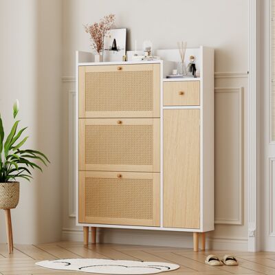 STILVORA Mueble Zapatero Con 3 Puertas Abatibles Y 1 Cajón, Ratán, Patas De Madera, En Mdf, 90×17×125 Cm, Natural Blanco STILVORA Mueble Zapatero Con 3 Puertas Abatibles Y 1 Cajón, Ratán, Patas De Madera, En Mdf, 90×17×125 Cm, Natural Blanco
