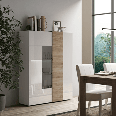 WEBMARKETPOINT Vitrina Sabry Con 2 Puertas De Roble Kadiz Blanco Brillo WEBMARKETPOINT Vitrina Sabry Con 2 Puertas De Roble Kadiz Blanco Brillo