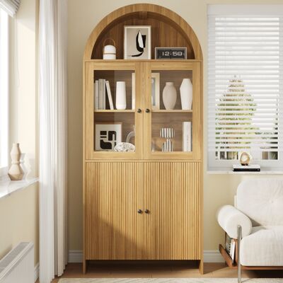 DREAMMESPACE Vitrina Alta - 78 X 40 X 176 Cm - Aparador Con Puertas De Cristal Y Compartimentos Ondulados - Diseño Arqueado Moderno - Natural DREAMMESPACE Vitrina Alta - 78 X 40 X 176 Cm - Aparador Con Puertas De Cristal Y Compartimentos Ondulados - Diseño Arqueado Moderno - Natural