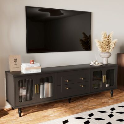 MODENVIE Mueble Tv Con 4 Puertas De Cristal Acanalado Y Cajones Push To Open, Estilo Retro Para Salón, Tablero De Partículas, Negro MODENVIE Mueble Tv Con 4 Puertas De Cristal Acanalado Y Cajones Push To Open, Estilo Retro Para Salón, Tablero De Partículas, Negro