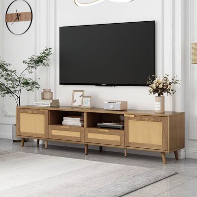 Modfu - Mueble Tv Color Natural 200x37x49cm Con 2 Cajones 2 Puertas, Diseño Ratán Plástico, Estilo Moderno, Tablero Aglomerado Modfu - Mueble Tv Color Natural 200x37x49cm Con 2 Cajones 2 Puertas, Diseño Ratán Plástico, Estilo Moderno, Tablero Aglomerado