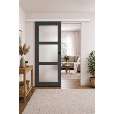 Puerta Corredera Blakeria Con Vitrina Gris Antracita H204 X L73 Cm, Riel De Aluminio Con Banda Blanca, Conchas Negras Para Gd Menuiseries Puerta Corredera Blakeria Con Vitrina Gris Antracita H204 X L73 Cm, Riel De Aluminio Con Banda Blanca, Conchas Negras Para Gd Menuiseries