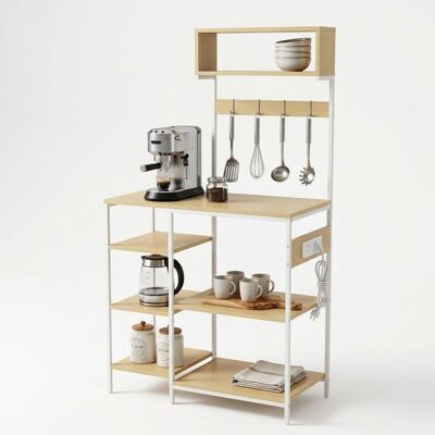 Estantería De Cocina Relaxdays Con Enchufe Y Usb, 151x82x40 Cm, Para Microondas, Madera, Abierta, Metal, Natural/blanco Estantería De Cocina Relaxdays Con Enchufe Y Usb, 151x82x40 Cm, Para Microondas, Madera, Abierta, Metal, Natural/blanco