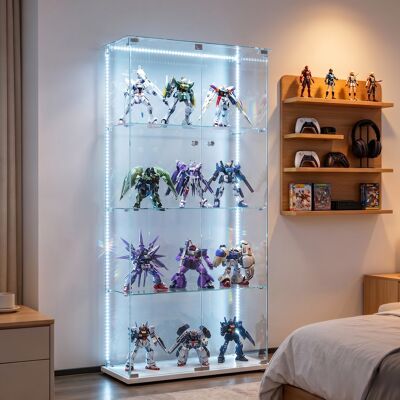 OCEVIA Vitrina De Cuatro Niveles Con Puertas Dobles E Iluminación Led, Cristal Templado Blanco, Diseño Moderno, Armario De Almacenamiento Transparente, Blanco. OCEVIA Vitrina De Cuatro Niveles Con Puertas Dobles E Iluminación Led, Cristal Templado Blanco, Diseño Moderno, Armario De Almacenamiento Transparente, Blanco.
