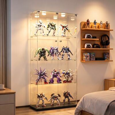 OCEVIA Vitrina De Cuatro Niveles Y Dos Puertas Con Iluminación Led, Cristal Templado Blanco, Diseño Moderno, Compartimento De Almacenamiento Transparente, Color Negro. OCEVIA Vitrina De Cuatro Niveles Y Dos Puertas Con Iluminación Led, Cristal Templado Blanco, Diseño Moderno, Compartimento De Almacenamiento Transparente, Color Negro.