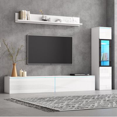 BEAOK Mueble Para Tv De Pared De Aglomerado Blanco Brillo 3 Piezas Con Led Rgb, Vitrina Y Estante, 180 X 33 X 30 Cm BEAOK Mueble Para Tv De Pared De Aglomerado Blanco Brillo 3 Piezas Con Led Rgb, Vitrina Y Estante, 180 X 33 X 30 Cm