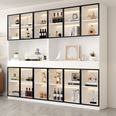 BEAOK Vitrina Estantería De Aglomerado Blanco Con Vidrio Templado, Led, 240 X 30 X 200 Cm, Baldas Regulables Y 6 Cajones BEAOK Vitrina Estantería De Aglomerado Blanco Con Vidrio Templado, Led, 240 X 30 X 200 Cm, Baldas Regulables Y 6 Cajones