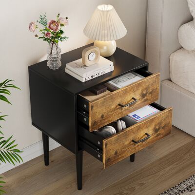 BEAOK Mesita De Noche Retro De Mdf Marrón Antiguo Con 2 Cajones, Patas De Madera Maciza, 51 X 38 X 66 Cm BEAOK Mesita De Noche Retro De Mdf Marrón Antiguo Con 2 Cajones, Patas De Madera Maciza, 51 X 38 X 66 Cm