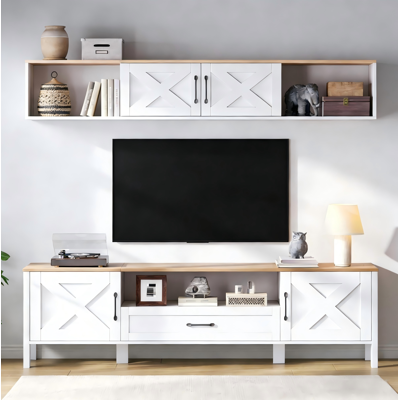 COVREO Conjunto Mueble Tv 180x40x50 Cm Blanco Mdf Con Vitrina Colgante Y 4 Puertas COVREO Conjunto Mueble Tv 180x40x50 Cm Blanco Mdf Con Vitrina Colgante Y 4 Puertas