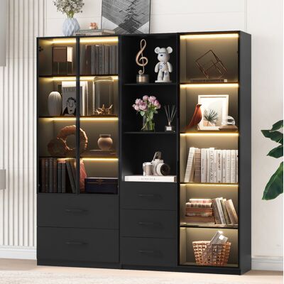 MODFU Vitrina Led De 140x40x160 Cm Con Estantes, Cajones, Puertas De Cristal Y Almacenamiento Modular - Negra MODFU Vitrina Led De 140x40x160 Cm Con Estantes, Cajones, Puertas De Cristal Y Almacenamiento Modular - Negra