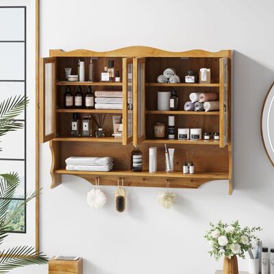 STILVORA Armario De Pared Retro Con 4 Puertas, 2 Niveles Y Espacio Abierto Con Ganchos, De Madera Maciza Y Vidrio, 100×20×80 Cm, Natural STILVORA Armario De Pared Retro Con 4 Puertas, 2 Niveles Y Espacio Abierto Con Ganchos, De Madera Maciza Y Vidrio, 100×20×80 Cm, Natural