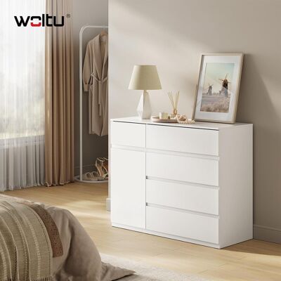 Woltu - Cómoda Para Dormitorio De 5 Cajones Y 1 Puerta Con Estante Ajustable - Estilo Escandinavo - Almacenamiento, Blanco Woltu - Cómoda Para Dormitorio De 5 Cajones Y 1 Puerta Con Estante Ajustable - Estilo Escandinavo - Almacenamiento, Blanco