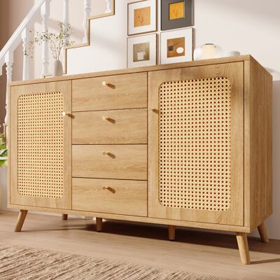 JHY DESIGN Aparador/cómoda Con 4 Cajones Y 2 Puertas, Mueble De Almacenamiento Con Aspecto De Ratán Y Estantes Ajustables Para Salón, Comedor O Recibidor, Roble Claro, 140 Cm De Ancho X 40 Cm De Profundidad X 86 JHY DESIGN Aparador/cómoda Con 4 Cajones Y 2 Puertas, Mueble De Almacenamiento Con Aspecto De Ratán Y Estantes Ajustables Para Salón, Comedor O Recibidor, Roble Claro, 140 Cm De Ancho X 40 Cm De Profundidad X 86