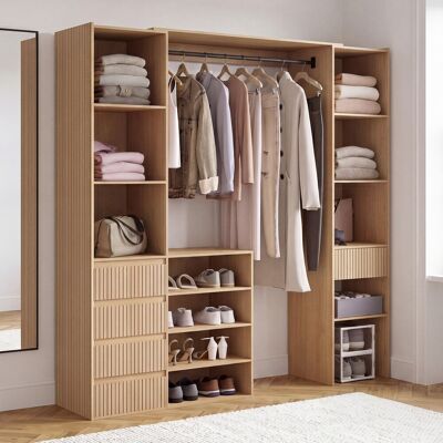 IDMARKET Armario Empotrado Extensible Doble Xxl Juliette 120/180 Cm Con Efecto De Listones De Madera, Con Cajones, Estantes Y Perchero IDMARKET Armario Empotrado Extensible Doble Xxl Juliette 120/180 Cm Con Efecto De Listones De Madera, Con Cajones, Estantes Y Perchero