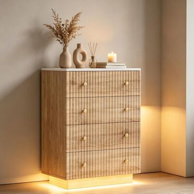 OCEVIA Cómoda De 5 Cajones - Armario Lateral - Iluminación Led Tricolor - Tiradores De Latón - Estante - Amplio Espacio De Almacenamiento - Madera Clara - Estilo Moderno OCEVIA Cómoda De 5 Cajones - Armario Lateral - Iluminación Led Tricolor - Tiradores De Latón - Estante - Amplio Espacio De Almacenamiento - Madera Clara - Estilo Moderno