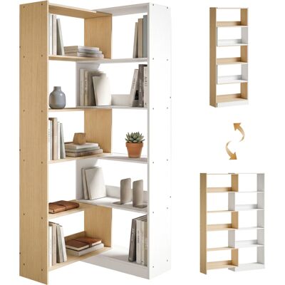 JHY DESIGN Librería Esquinera, Estante De 5 Niveles, Giro De 350°, Acabado En Madera Frutal/blanco. JHY DESIGN Librería Esquinera, Estante De 5 Niveles, Giro De 350°, Acabado En Madera Frutal/blanco.